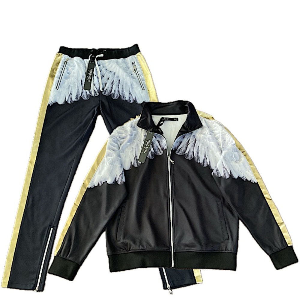HUDSON Outerwear Feather Wings Tracksuit Size L Black Gold White